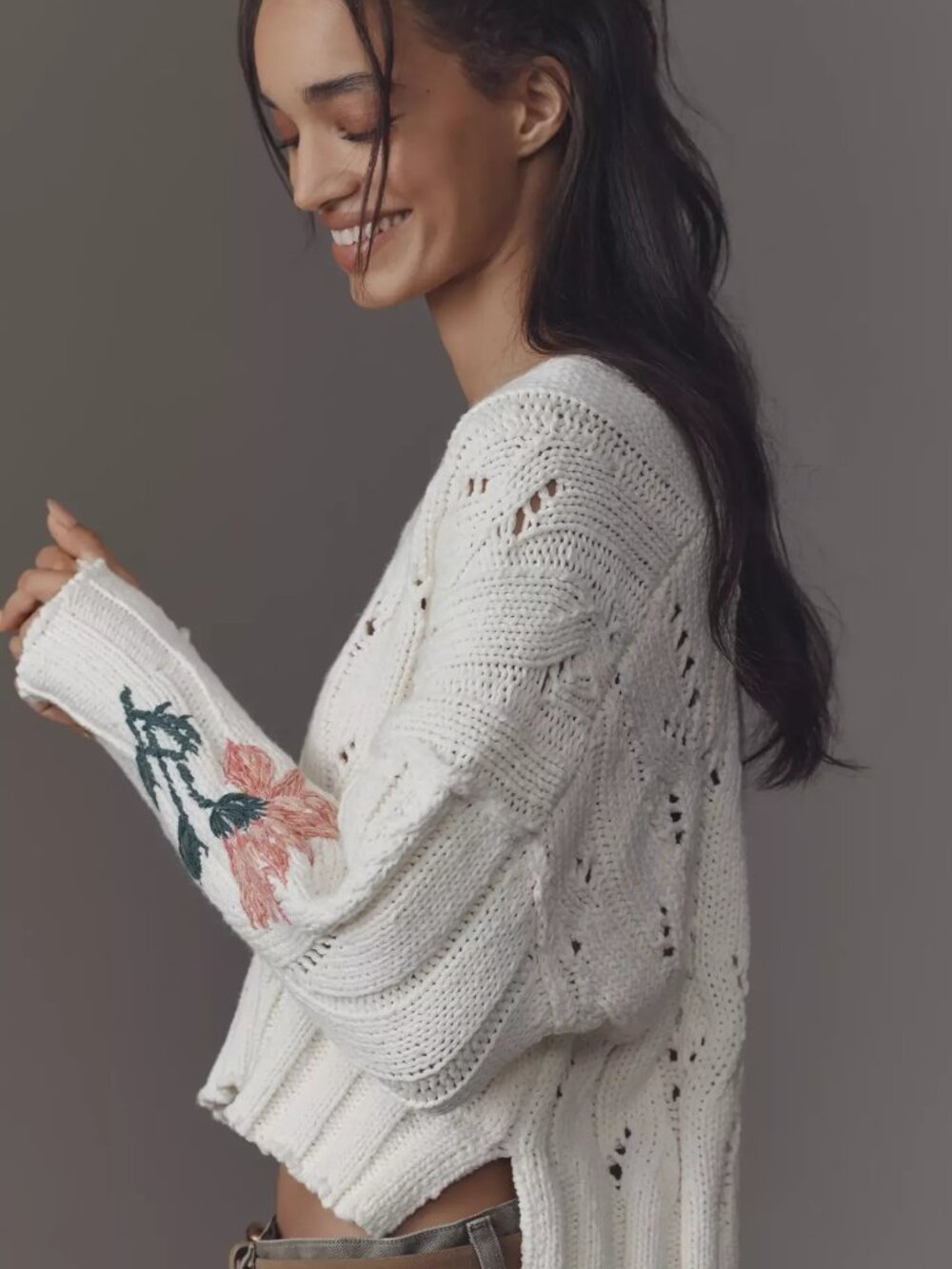 Pilcro Oversized Embroidered Cable-Knit Sweater - XS. - Picture 2 of 7